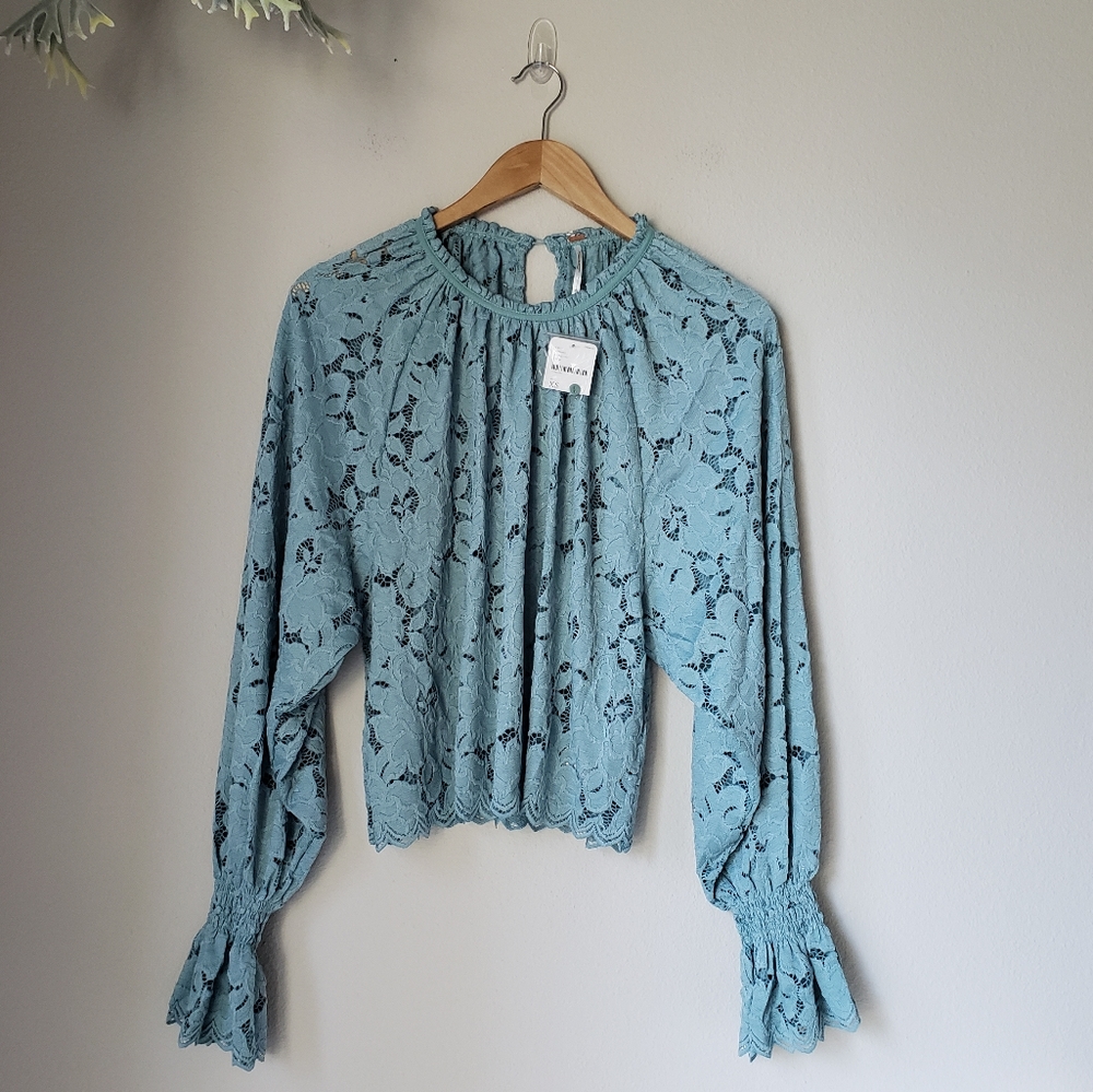 Free People | Floral Lace Scoop Neck Scalloped Hem Pirate Sleeve Blouse Top - Picture 10 of 10